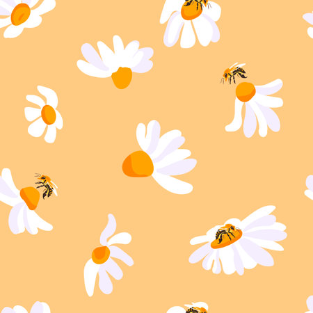 Summer pattern daisy bee yellow background. Insect white flowers decorative seamless design. Square postcard template vector illustrationのイラスト素材