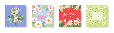 Trendy square Mothers Day card Banner poster Flyer Sakura apple tree branch Floral pattern label cover flowers frame Retro art style Spring summer bright floral template ads promo..のイラスト素材