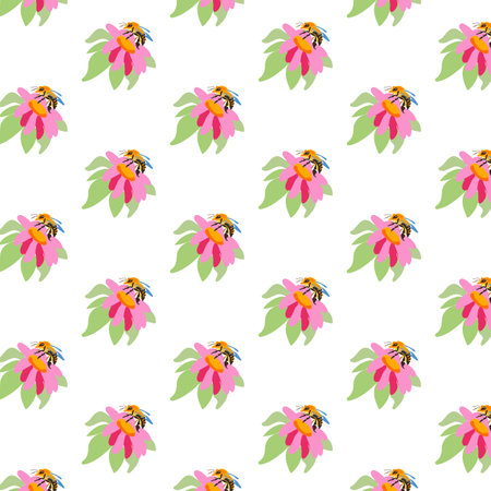 Spring seamless pattern rows cute pink peonies bee white Summer template Plant wildflower peony ditsy ornament wrapping fabric wallpaper textile mosaic vectorのイラスト素材