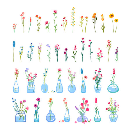 Big set of delicate graceful wildflowers glass vase tall stems foliage Simple floral elements Wild plants isolated white background Flat vector illustration cuteのイラスト素材