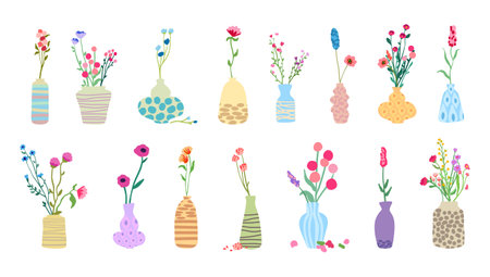 Big set of delicate graceful wildflowers 15 bouquets retro vase tall stems foliage. Simple floral elements Wild plants isolated white background Flat vector illustration cuteのイラスト素材
