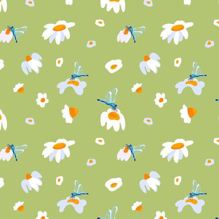 Summer background daisies dragonfly Green seamless pattern spring bloom meadow flower lush foliage ornament wrapping fabric wallpaper textile mosaicのイラスト素材