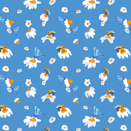 Summer background daisy bee Light blue seamless pattern spring white meadow flower ornament wrapping fabric wallpaper textile mosaicのイラスト素材