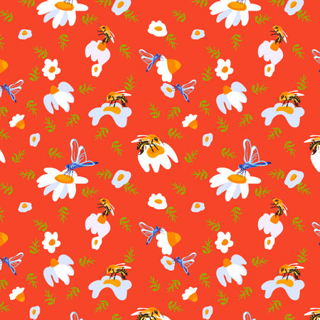 Seamless pattern wildflower daisy dragonfly Plant flower graphic card Orange poster banner Spring summer fabric clothing Coral backdrop packaging wallpaper Template textile coverのイラスト素材