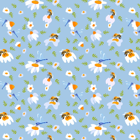Summer background daisy bee Light blue seamless pattern spring white meadow flower green leaves ornament wrapping fabric wallpaper textile mosaicのイラスト素材