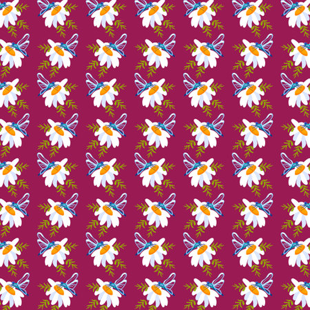 Seamless pattern daisy dragonfly Lilac background postcards posters banners Spring Summer fabric clothing Suitable wrapping paper wallpaper Textile template Vectorのイラスト素材