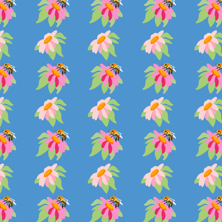 Summer background peonies bee Blue seamless pattern spring pink meadow flower ornament Pattern wrapping fabric wallpaper chintz cambric muslinのイラスト素材