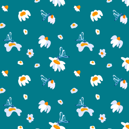 Summer background daisy dragonfly dark turquoise backdrop summer white wild flowers ornament template banner poster textile fabricのイラスト素材