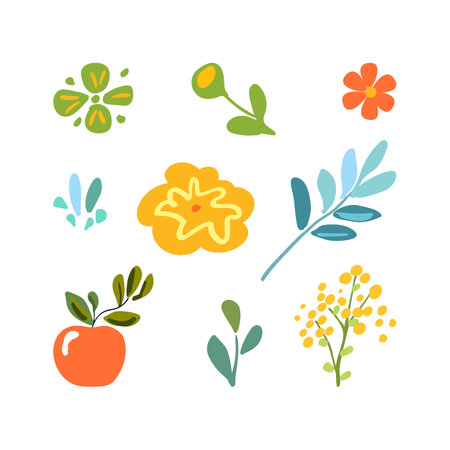 set featuring isolated minimalistic branches, flowers, and delicate leaves. Perfect for print, decoration, poster printing, and home decor.のイラスト素材