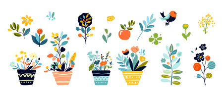Bright and playful vector illustration folk Potted plants, flowers and bird. Spring themed designs poster Greeting cards Home decor, Includes fresh vibrant colors whimsical elements...のイラスト素材