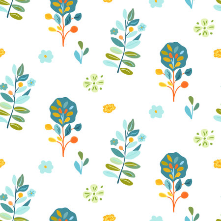 Seamless pattern featuring plants, flowers, and woodland berries in bright, vibrant colors. Ideal for spring designs, textiles, and wallpapers. Captures a fresh and playful vibe with folk artのイラスト素材