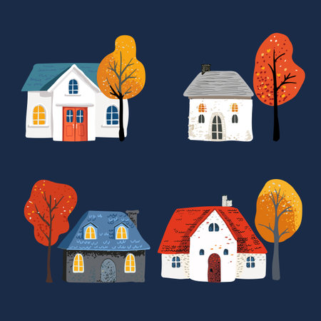 Set cartoon Village House with a roof. Folk yellow red leaves on a tree. Night on Postcard and poster. For print and textilesのイラスト素材