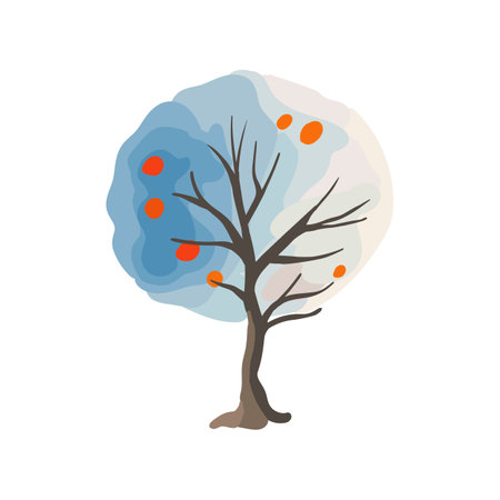 Watercolor tree with blue crown and red leaves. Scandinavian winter. Hand drawn. Flat vector illustration.のイラスト素材