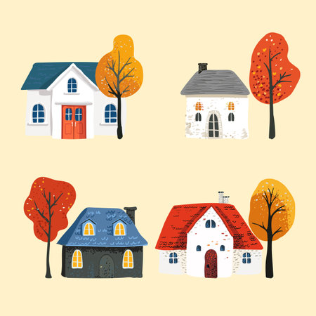 Set cartoon Village House with a tiled roof. Folk yellow red leaves on a tree. Postcard and poster. For print and textilesのイラスト素材