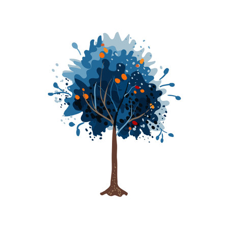 Watercolor blue tree with orange and yellow leaves. Winter. Hand drawn. Flat vector illustration.のイラスト素材