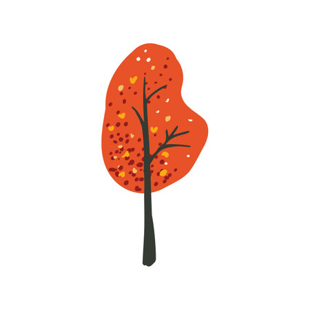 Tree with orange and brown leaves. Autumn. Folklore style. Hand drawn. Flat vector illustration.のイラスト素材
