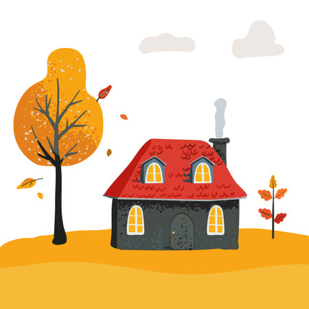 Cartoon magical Village House with a tiled roof. Folk yellow tree and bush. Cute card and poster For children, print and textilesのイラスト素材