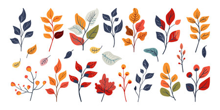 Set of folk autumn leaves and branches. Hand drawn. Flat vector illustration. Isolated cartoonのイラスト素材