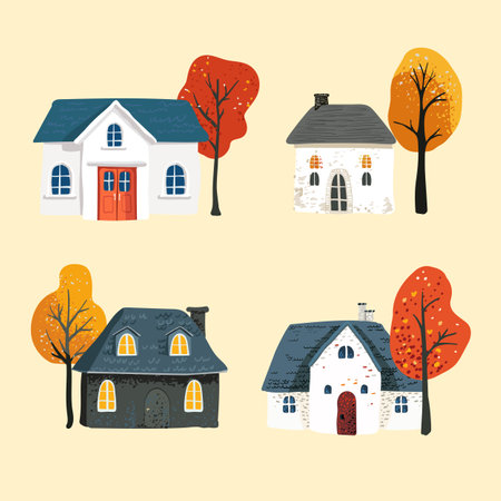 Set of a magical house with a tiled roof in a simple minimalist style, red leaves on a tree on a yellow backdrop. Postcard and poster. Packaging paper and textilesのイラスト素材