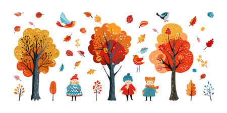 Autumn set Yellow and orange minimalistic trees, Female characters, cute girls Hand drawn. Flat cartoon illustration.のイラスト素材