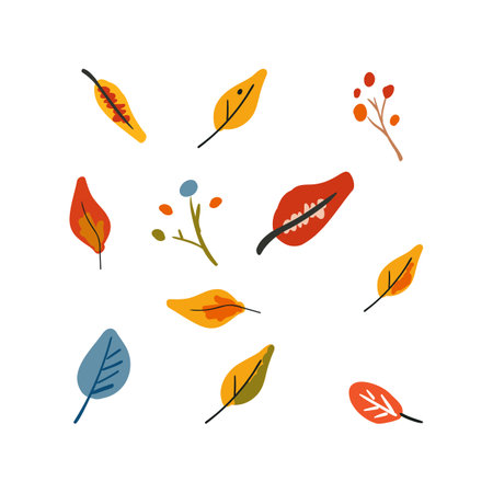 Folk orange yellow and blue leaves and branches. Autumn botanical set vector illustrationのイラスト素材