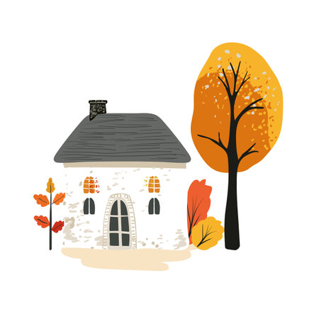 Fairytale white house with a thatched roof in a simple minimalist style, yellow wood on a white backdrop. Postcard and poster. Packaging paper and textilesのイラスト素材