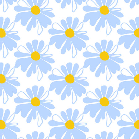 Spring seamless pattern rows blue meadow daisies white Summer template Blooming wildflower ditsy ornament wrapping fabric wallpaper textile mosaic vectorのイラスト素材
