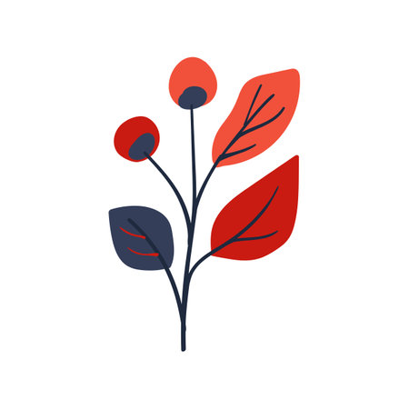 Folk plant. Simple red and blue leaf. Cartoon autumn botany. Minimalist style. Flat isolated vector illustrationのイラスト素材