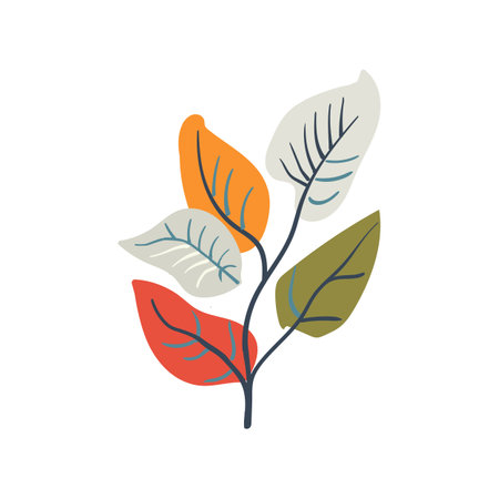 Folk plant. Simple yellow orange and green leaves on a branch. Cartoon autumn botany. Minimalist style. Flat isolated vector illustrationのイラスト素材