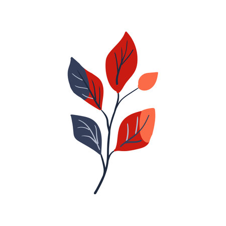 Folk plant. Simple red and blue leaf. Autumn botany. Minimalist style. Flat isolated vector illustration. No AI. hand drawnのイラスト素材