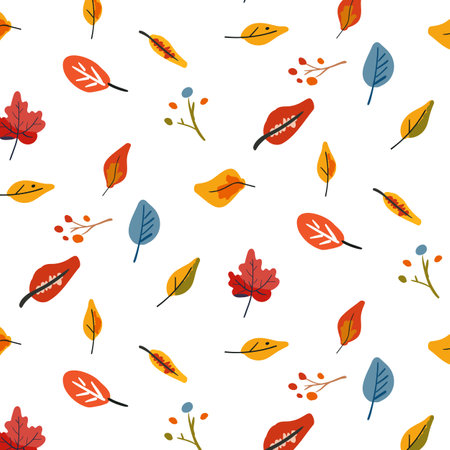 Botanical seamless pattern. Simple Plant. Simple autumn leaves, plant. White background. Decorative ornament in Scandinavian style. Hand drown. Flat vector illustrationのイラスト素材