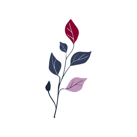 Folk plant. Simple red and blue leaves on a branch. Cartoon autumn botany. Minimalist style. Flat isolated vector illustration. No AI. hand drawnのイラスト素材