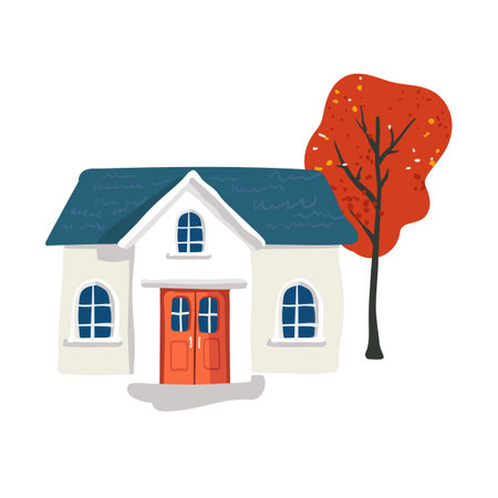 Fairytale white house with a blue roof in a simple minimalist style, red leaves on a tree on a white backdrop. Postcard and poster. Packaging paper and textilesのイラスト素材