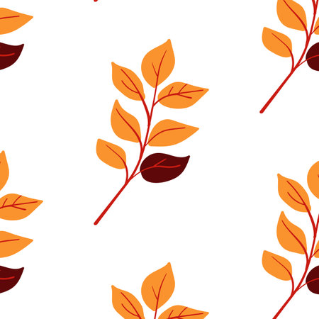 Seamless pattern. Simple Plant. Simple orange brown leaves on a branch. White background. Ornament in Scandinavian style. Hand drown. Flat vector illustrationのイラスト素材