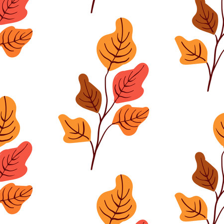 Seamless pattern. Simple Plant. Simple orange ocher leaves on a branch. White background. Ornament in Scandinavian style. Hand drown. Flat vector illustrationのイラスト素材