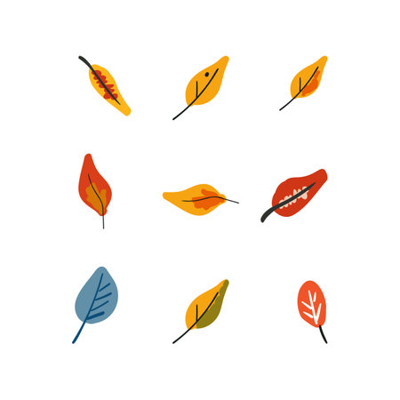 Autumn botanical set. Folk orange yellow and blue leaves. vector illustrationのイラスト素材