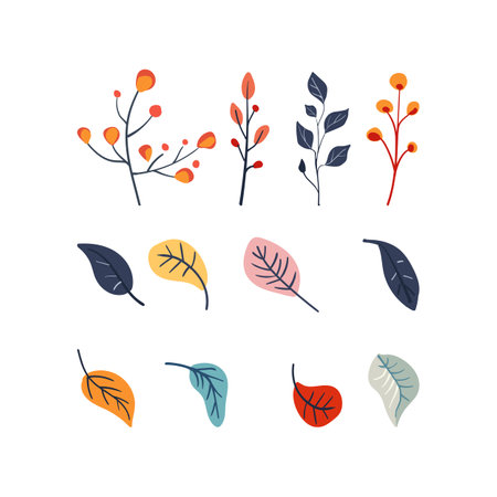 Set of Folk plant colored branches and leaves. Autumn botany. Minimalistic tree. Flat vector illustrationのイラスト素材