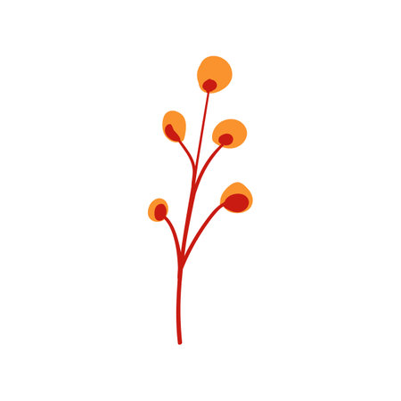 Folk plant. Simple yellow round leaves on a branch. Cartoon autumn botany berries. Minimalist style. Flat isolated vector illustration. No AI. hand drawnのイラスト素材