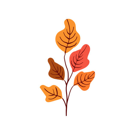 Folk plant. Red orange and terracotta leaves on a branch. Autumn botany yellow berries Minimalistic style. Flat isolated vector illustration. No AI. hand drawnのイラスト素材