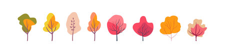 Autumn set of colorful trees. Pink and red folk plants. Orange and yellow tree crowns on a white background. Hand drawn. Isolated Flat vectorのイラスト素材