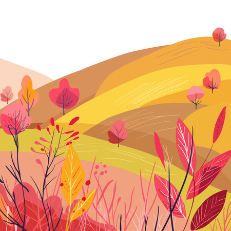 A set of vertical posters with autumn cards. Landscape hills. Nice house. Invitation to the sale. Magazine and book cover.のイラスト素材