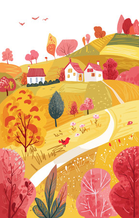 Vertical poster with autumn cards. Landscape hills. Nice house. Invitation to the sale. Magazine and book cover.のイラスト素材