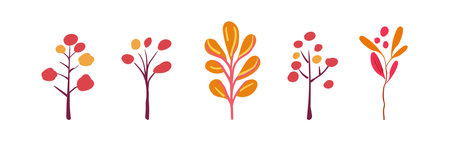 Set of autumn plants folk. Pink, orange and yellow trees. Simple branches with red berries and leaves on a white background. Hand drawn. Isolated Flat vectorのイラスト素材