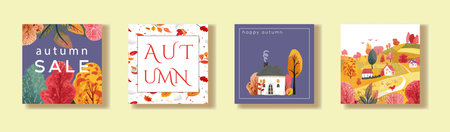 Set of square posters with autumn cards. Nice landscape, hills and houses. Invitation, sale, or magazine and book cover.のイラスト素材