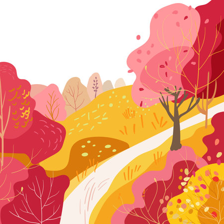 Path in the hills. Autumn red yellow trees and bushes. Square poster folk postcard. Hand drawn, Flat vectorのイラスト素材