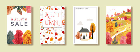 A set of vertical posters with autumn cards. Landscape hills. Nice house. Invitation to the sale. Magazine and book cover.のイラスト素材