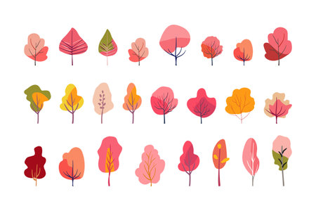 Autumn set trees folk. Pink and red plants. Orange and yellow tree crowns on a white background. Hand drawn. Isolated Flat vectorのイラスト素材