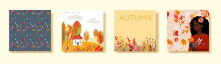 Set of square posters with autumn cards. Dear hills houses. Black woman with flowers. Invitation,...