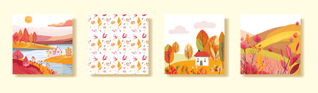 Set of square posters with autumn cards. Dear hills houses. Black woman with flowers. Invitation, sale, or magazine and book cover. Hamd drawn vectoorのイラスト素材