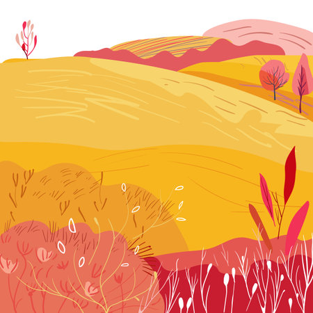 Autumn hills with red bushes and flowers in folk style. Harvest time. Square poster postcard. Hand drawn. Flat vectorのイラスト素材